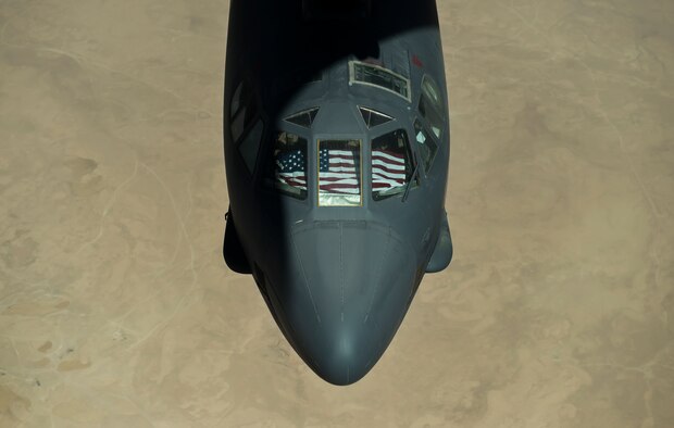 A B-52 Stratofortress arrives to receive fuel from a KC-10 Extender during a mission in support of Operation Inherent Resolve over Iraq, Aug. 8, 2017. The B-52 is a long range, heavy bomber capable of flying at altitudes up to 50,000 feet. (U.S. Air Force photo/Staff Sgt. Trevor T. McBride)