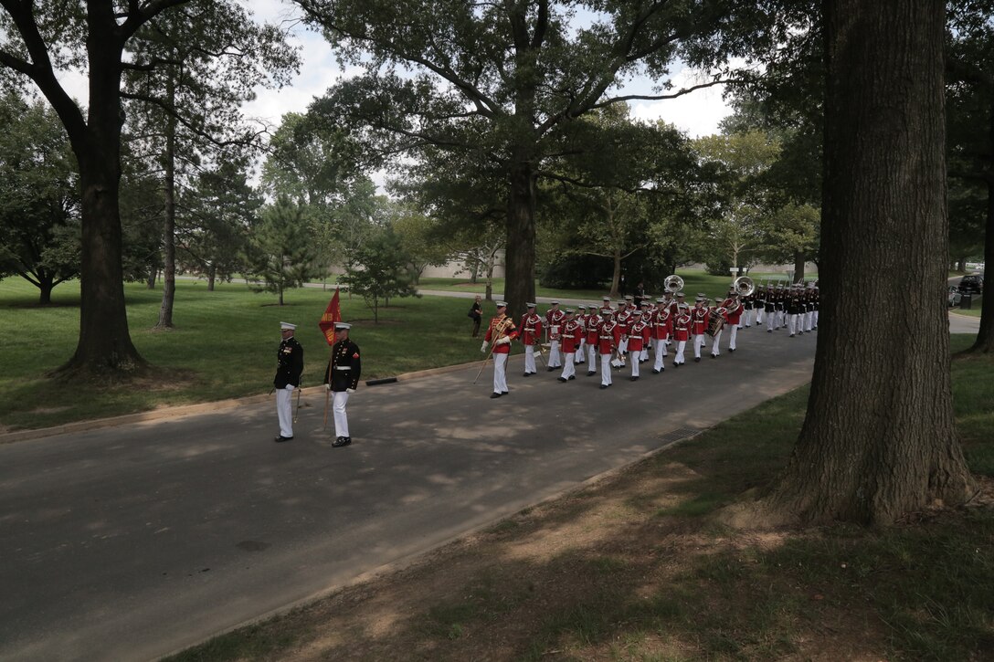 On Aug. 17, 2017 ceremonial marchers from Marine Barracks Washington, led by Escort Commander Lt. Col. John Barclay, and the Marine Band, led by Drum Major Master Sgt. Duane King, took part in the funeral of Maj. Norman T. Hatch, USMC (ret.). Maj. Hatch captured film footage during the Battle of Tarawa in World War II which the Warner Brothers Studio used to create the short film "With the Marines at Tarawa." The film won the 1945 Academy Award for Best Documentary (Short Subject). In addition, Maj. Hatch was on Iwo Jima when two of his cameramen filmed the infamous raising of a second, larger flag over the island which was immortalized in a photograph by photo journalist Joe Rosenthal. (U.S. Marine Corps photo by Master Sgt. Kristin duBois/released)