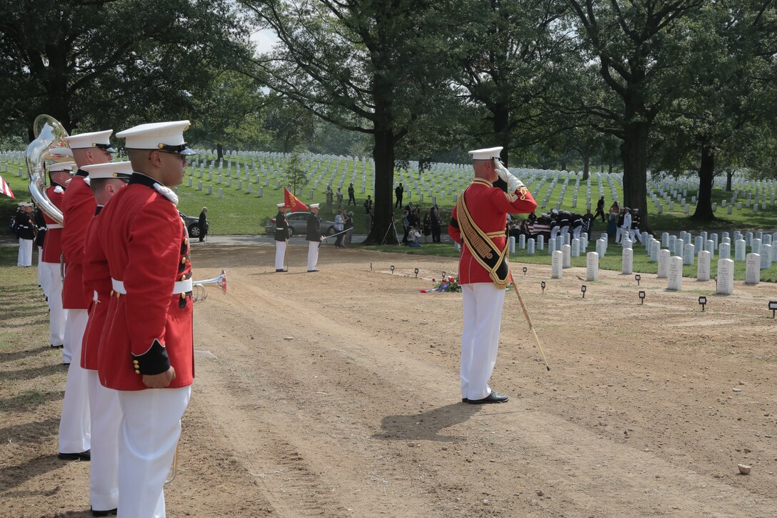 On Aug. 17, 2017 ceremonial marchers from Marine Barracks Washington, led by Escort Commander Lt. Col. John Barclay, and the Marine Band, led by Drum Major Master Sgt. Duane King, took part in the funeral of Maj. Norman T. Hatch, USMC (ret.). Maj. Hatch captured film footage during the Battle of Tarawa in World War II which the Warner Brothers Studio used to create the short film "With the Marines at Tarawa." The film won the 1945 Academy Award for Best Documentary (Short Subject). In addition, Maj. Hatch was on Iwo Jima when two of his cameramen filmed the infamous raising of a second, larger flag over the island which was immortalized in a photograph by photo journalist Joe Rosenthal. (U.S. Marine Corps photo by Master Sgt. Kristin duBois/released)