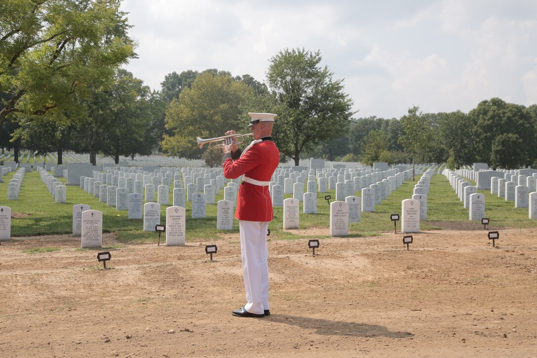 On Aug. 17, 2017 ceremonial marchers from Marine Barracks Washington, led by Escort Commander Lt. Col. John Barclay, and the Marine Band, led by Drum Major Master Sgt. Duane King, took part in the funeral of Maj. Norman T. Hatch, USMC (ret.). Maj. Hatch captured film footage during the Battle of Tarawa in World War II which the Warner Brothers Studio used to create the short film "With the Marines at Tarawa." The film won the 1945 Academy Award for Best Documentary (Short Subject). In addition, Maj. Hatch was on Iwo Jima when two of his cameramen filmed the infamous raising of a second, larger flag over the island which was immortalized in a photograph by photo journalist Joe Rosenthal. (U.S. Marine Corps photo by Master Sgt. Kristin duBois/released)