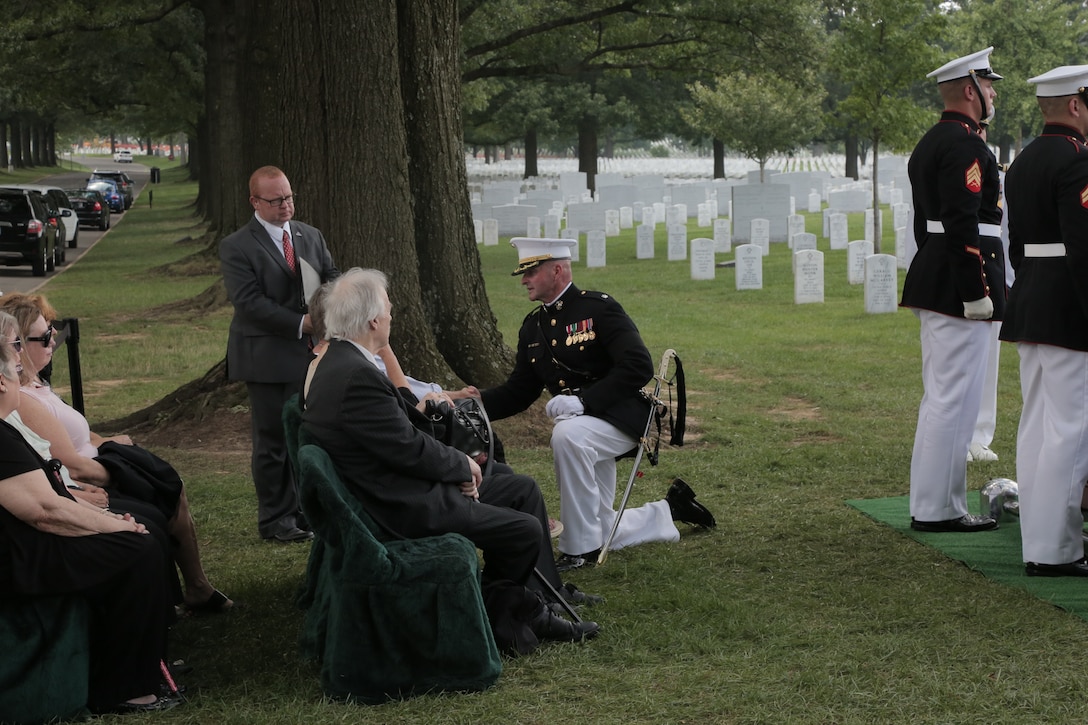 On Aug. 17, 2017 ceremonial marchers from Marine Barracks Washington, led by Escort Commander Lt. Col. John Barclay, and the Marine Band, led by Drum Major Master Sgt. Duane King, took part in the funeral of Maj. Norman T. Hatch, USMC (ret.). Maj. Hatch captured film footage during the Battle of Tarawa in World War II which the Warner Brothers Studio used to create the short film "With the Marines at Tarawa." The film won the 1945 Academy Award for Best Documentary (Short Subject). In addition, Maj. Hatch was on Iwo Jima when two of his cameramen filmed the infamous raising of a second, larger flag over the island which was immortalized in a photograph by photo journalist Joe Rosenthal. (U.S. Marine Corps photo by Master Sgt. Kristin duBois/released)