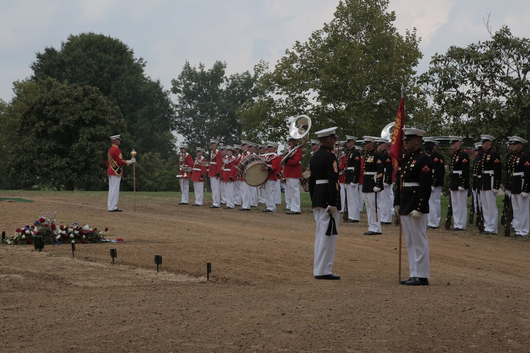 On Aug. 17, 2017 ceremonial marchers from Marine Barracks Washington, led by Escort Commander Lt. Col. John Barclay, and the Marine Band, led by Drum Major Master Sgt. Duane King, took part in the funeral of Maj. Norman T. Hatch, USMC (ret.). Maj. Hatch captured film footage during the Battle of Tarawa in World War II which the Warner Brothers Studio used to create the short film "With the Marines at Tarawa." The film won the 1945 Academy Award for Best Documentary (Short Subject). In addition, Maj. Hatch was on Iwo Jima when two of his cameramen filmed the infamous raising of a second, larger flag over the island which was immortalized in a photograph by photo journalist Joe Rosenthal. (U.S. Marine Corps photo by Master Sgt. Kristin duBois/released)