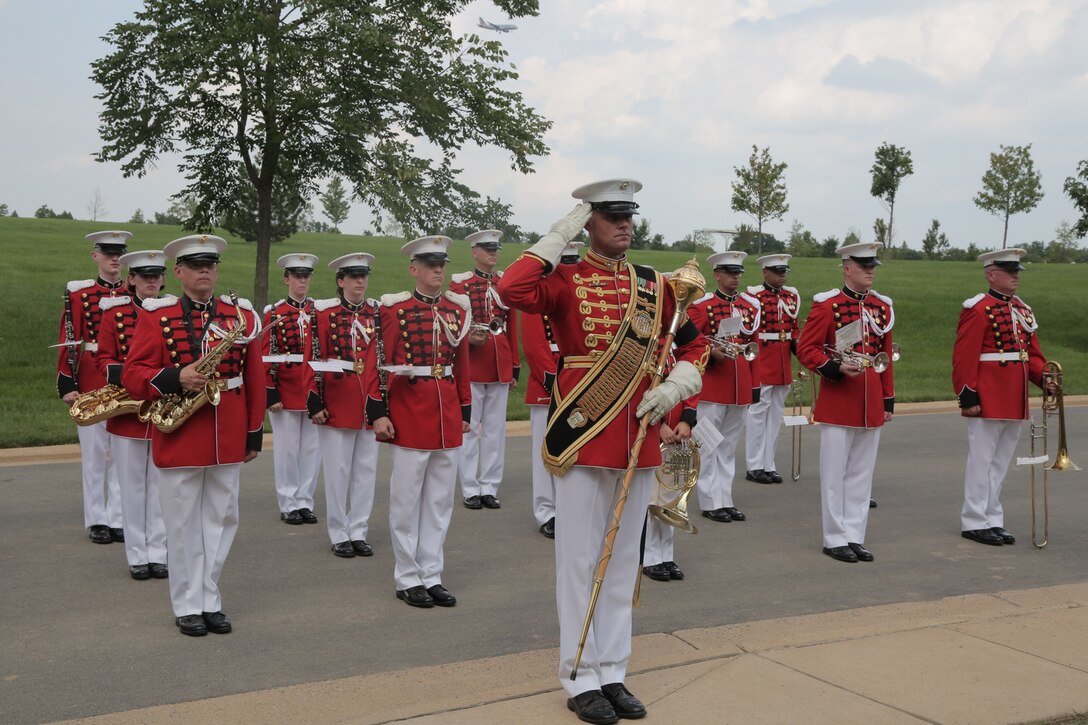 On Aug. 17, 2017 ceremonial marchers from Marine Barracks Washington, led by Escort Commander Lt. Col. John Barclay, and the Marine Band, led by Drum Major Master Sgt. Duane King, took part in the funeral of Maj. Norman T. Hatch, USMC (ret.). Maj. Hatch captured film footage during the Battle of Tarawa in World War II which the Warner Brothers Studio used to create the short film "With the Marines at Tarawa." The film won the 1945 Academy Award for Best Documentary (Short Subject). In addition, Maj. Hatch was on Iwo Jima when two of his cameramen filmed the infamous raising of a second, larger flag over the island which was immortalized in a photograph by photo journalist Joe Rosenthal. (U.S. Marine Corps photo by Master Sgt. Kristin duBois/released)