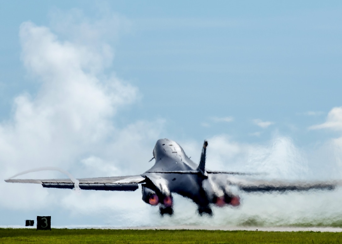 A B-1B Lancer assigned to the 37th Expeditionary Bomb Squadron, deployed from Ellsworth AFB, S.D. to Andersen AFB, Guam, takes off for a bilateral mission with Japan Air Self-Defense Force F-15s in the vicinity of the Senkaku Islands, Aug. 15, 2017. These training flights with Japan demonstrate the solidarity and resolve we share with our allies to preserve peace and security in the Indo-Asia-Pacific. (U.S. Air Force photo/Airman 1st Class Christopher Quail)