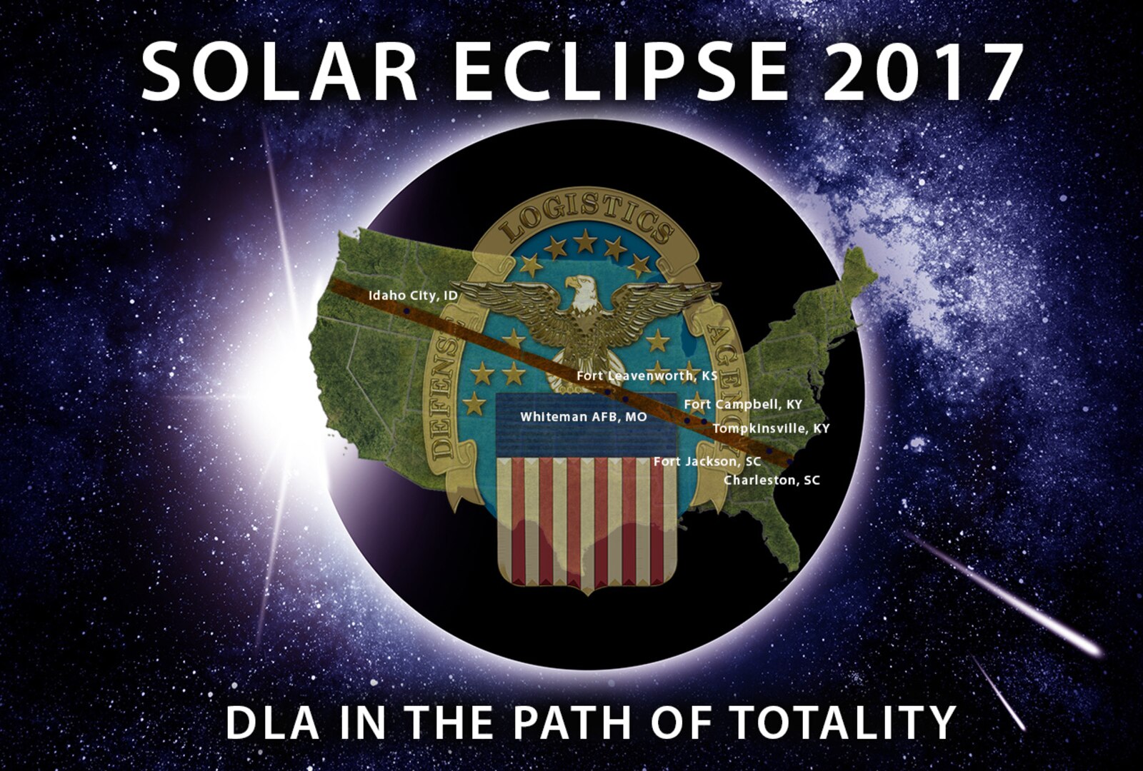 Solar Eclipse and Falling Stars Illustration.  Moon Passes Between the Sun and the Earth. Horizontal Solar Eclipse Illustration.