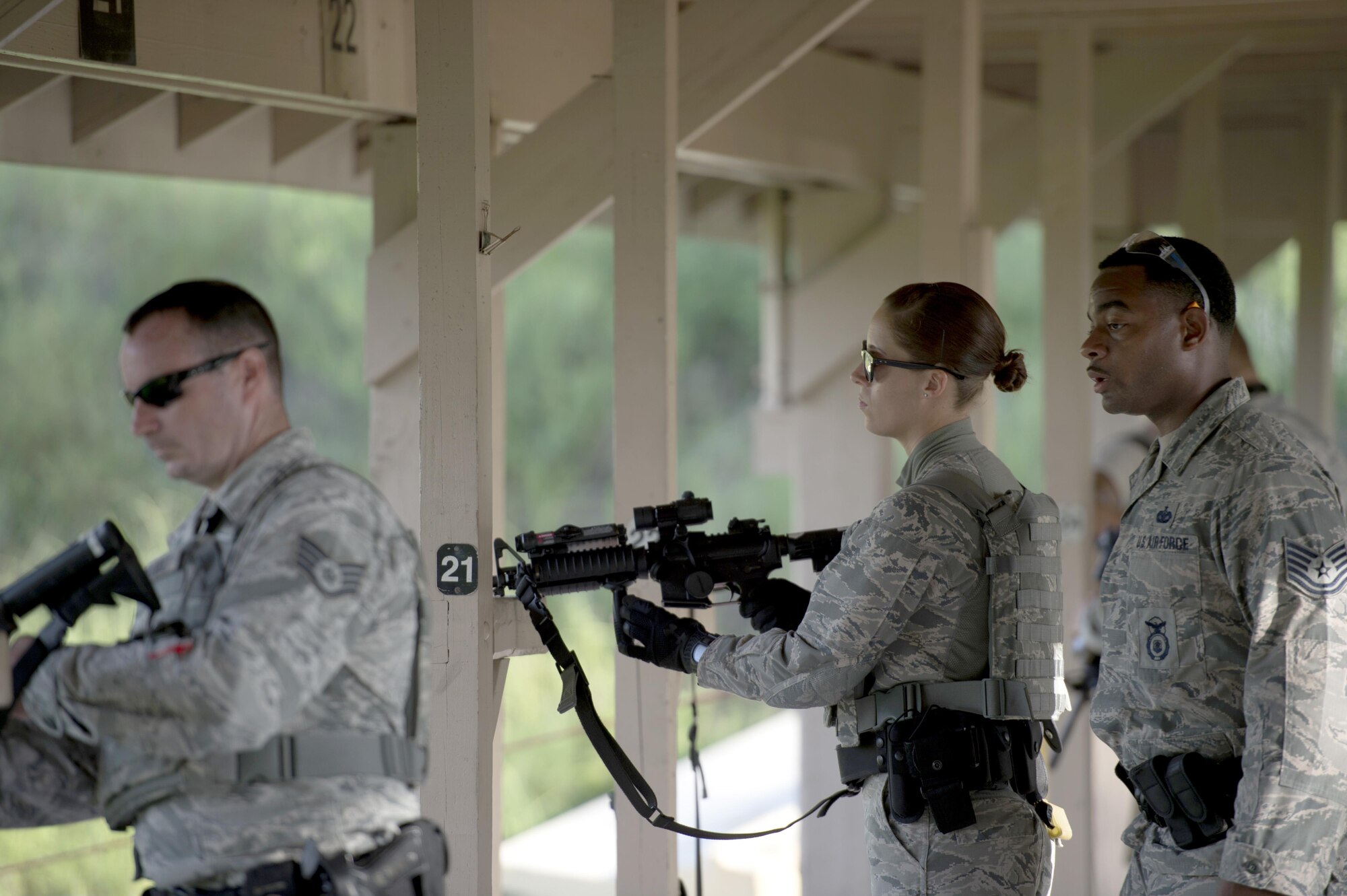 U.S. Air Force security forces members assigned to the 6th Security Forces Squadron participate in a dry run for a proficiency fire training exercise as an instructor watches, Aug. 16, 2017 at MacDill Air Force Base, Fla.