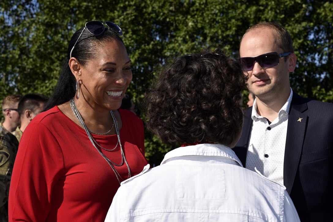 Air Force Maj. Gen. Linda L. Singh, Maryland adjutant general, speaks to Elizabeth Horst, deputy chief of mission, U.S. Embassy, and Mihkel Tikk, Director of the Cyber Policy Department, Estonian Ministry of Defence, Aug. 10, 2017, before a highway landing of A-10C Thunderbolt II aircraft at Jägala-Käravete Highway, Estonia. The flying training deployment is funded by the European Reassurance Initiative in support of Operation Atlantic Resolve. The U.S. Air Force’s forward presence in Europe allows the U.S. to work with allies and partners to develop and improve ready air forces capable of maintaining regional security. (U.S. Air National Guard photo by Airman 1st Class Sarah M. McClanahan)
