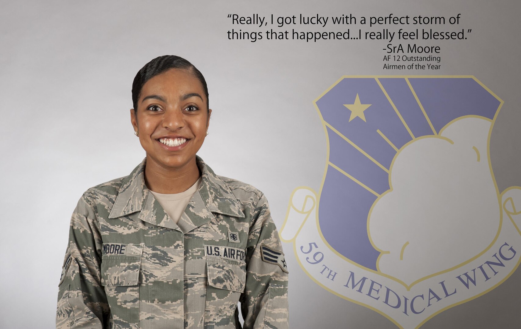 Senior Airman Nicole Moore, 59th Medical Wing medical technician, was recognized as one of the Air Force 12 Outstanding Airmen of the Year for 2017, July 7th, 2017.  An Air Force selection board at the Air Force Personnel Center considered 36 nominees who represented major commands, direct reporting units, field operating agencies and Headquarters Air Force. The board selected the final 12 Airmen based on superior leadership, job performance and personal achievements. (U.S. Air Force image by Senior Airman Stefan Alvarez)