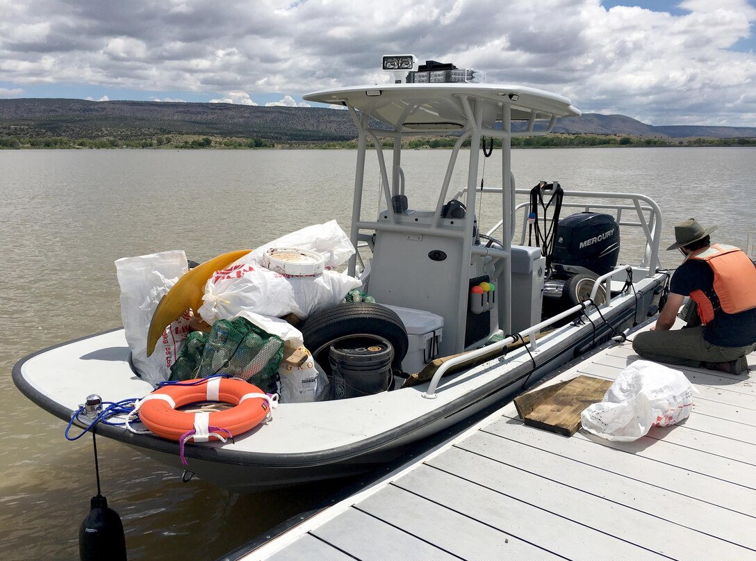 COCHITI LAKE, N.M. – During the "Cochiti Sweep" event Aug. 12, 2017, Cochiti park rangers provided a safety boat which doubled as a trash collection point.
