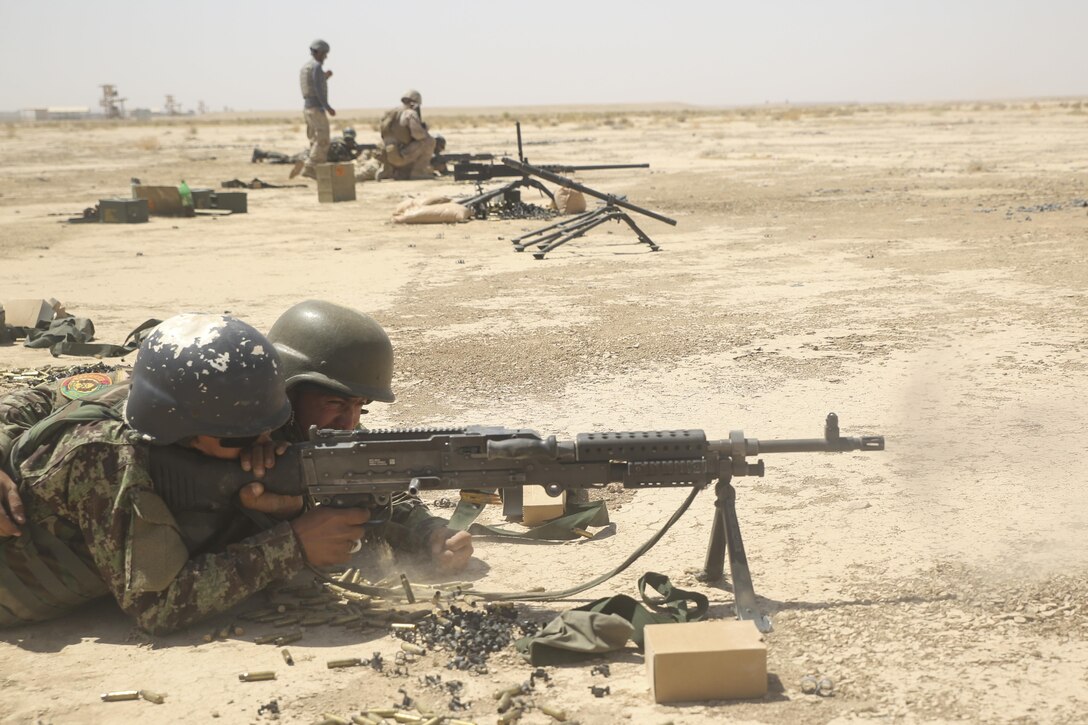 Afghan National Army soldiers with the Helmand Regional Military Training Center fire M240B machine guns during a training range at Camp Shorabak, Afghanistan, Aug. 17, 2017. More than 60 instructors at the RMTC are undergoing a four-week train-the-trainer course in preparation for an upcoming operational readiness cycle. U.S. Marine advisors with Task Force Southwest are enhancing the infantry knowledge and skills of the instructors to more effectively teach and train soldiers throughout the eight-week ORC. (U.S. Marine Corps photo by Sgt. Lucas Hopkins)