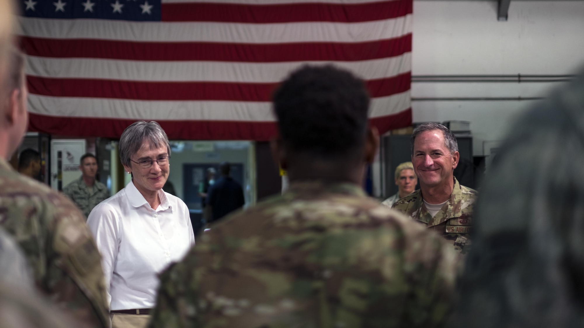 Secretary of the Air Force Heather Wilson and Air Force Chief of Staff Gen. David L. Goldfein, speak with Airmen from the 380th Air Expeditionary Wing on Aug. 18, 2017, at Al Dhafra Air Base, United Arab Emirates.