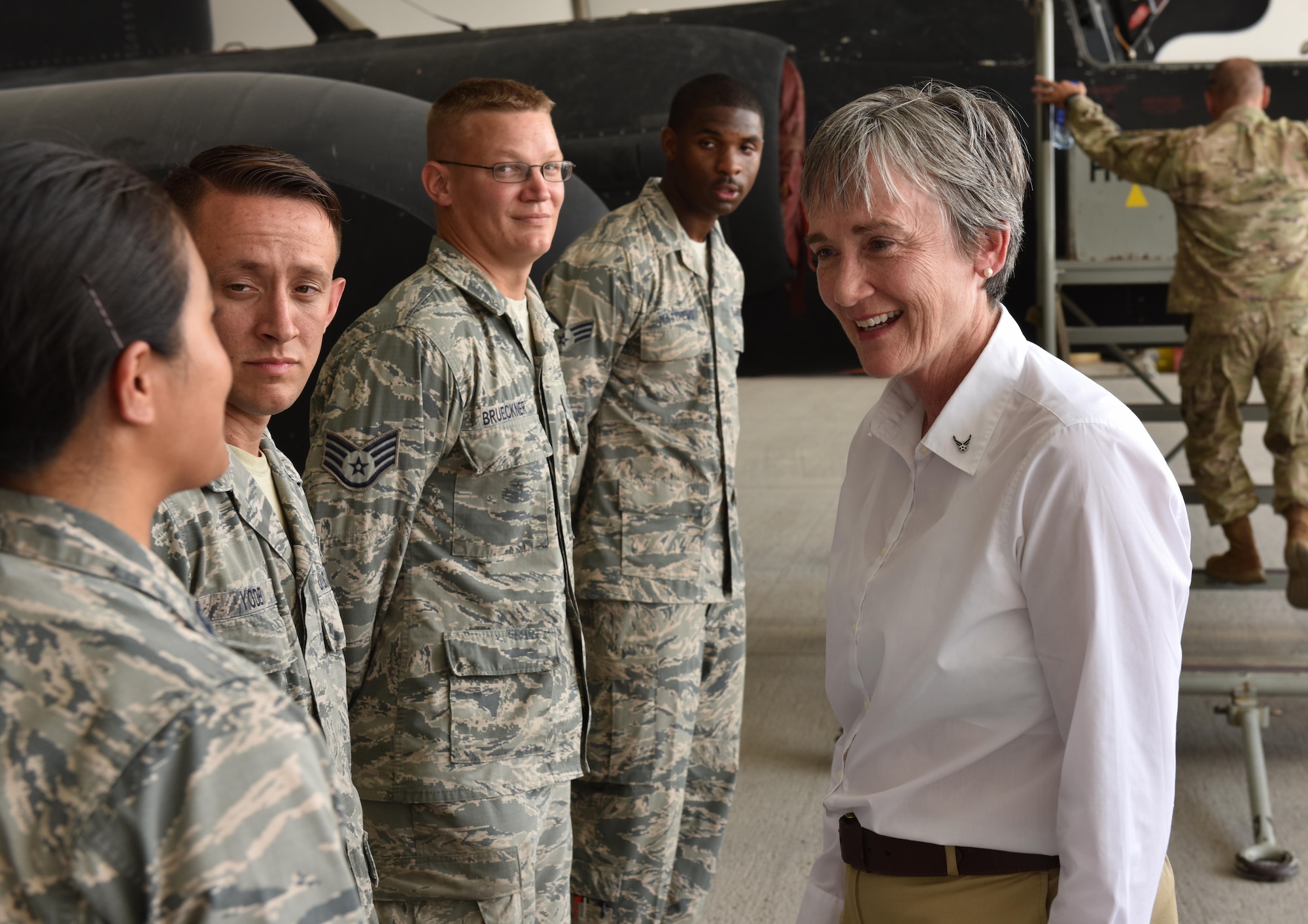 Secretary of the Air Force Heather Wilson speaks with Airmen during a visit to Al Dhafra Air Base, United Arab Emirates, Aug. 18, 2017.