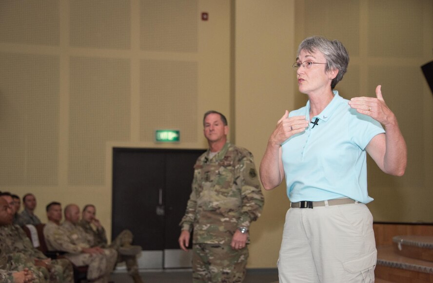 Secretary of the Air Force Heather Wilson, right, and Air Force Chief of Staff David L. Goldfein, center, speak with 386th Air Expeditionary Wing Airmen and joint coalition partners during a town hall event held at the base theater , Aug. 20, 2017, in an undisclosed location in Southwest Asia. Wilson and Goldfein visited deployed Airmen assigned to the U.S. Air Force Central Command area of responsibility. (U.S. Air Force photo/Tech. Sgt. Jonathan Hehnly)