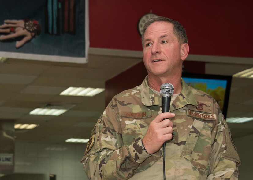 Air Force Chief of Staff Gen. David L. Goldfein addresses Airmen of the 386th Air Expeditionary Wing during an all call luncheon at an undisclosed location in Southwest Asia, Aug. 19, 2017. Goldfein traveled with Secretary of the Air Force Heather Wilson, visiting deployed Airmen assigned to the U.S. Air Forces Central Command area of responsibility. (U.S. Air Force photo/Tech. Sgt. Jonathan Hehnly)