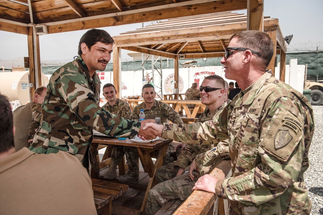 Army Command Sergeant Major William F. Thetford greets an Afghan air force airman.