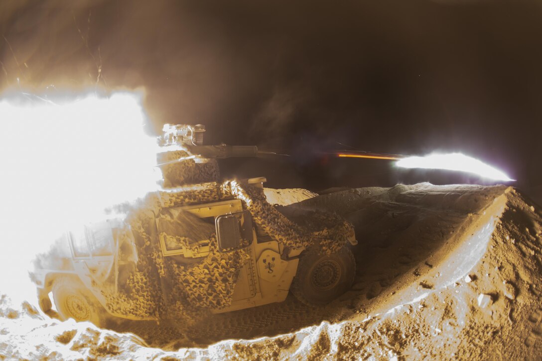Marines fire a tube-launched, optically tracked, wire-guided missile at simulated hostile vehicle positions during Large scale Exercise-17 at Twentynine Palms, Calif., Aug. 15-18, 2017. LSE-17 is a multinational exercise, led by 2nd Marine Division, with elements from the United Kingdom, France, Canada and II Marine Expeditionary Force, focused on integrating all capabilities of the Marine Air-Ground Task Force and coalition forces.