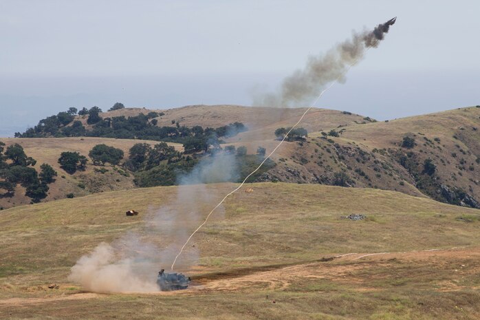 U.S. Marines with 3rd Assault Amphibian Battalion, 1st Marine Division, fire a MK-154 Launcher Mine Clearance on Camp Pendleton, Calif., June 23, 2017. Marine Corps Systems Command has reengineered the MK-154 with a new hydraulic and electrical system that makes the capability safer, more reliable and cheaper to maintain. (U. S. Marine Corps photo by Lance Cpl. Maritza Vela)