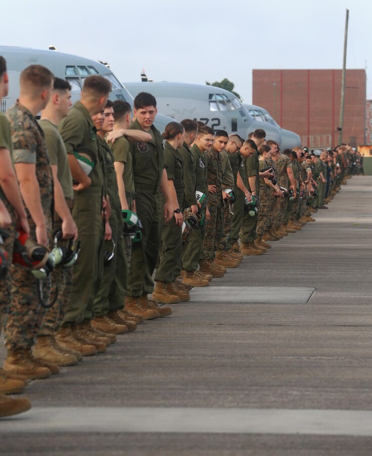 Marines assigned to Marine Aerial Refueler Transport Squadron 252 prepare to conduct a foreign object debris walk during an operational reset at Marine Corps Air Station Cherry Point, N.C., Aug. 21, 2017. The squadron was conducting the operational reset to focus on fundamentals of safe flight operations, standardization and combat readiness, in keeping with guidance from Gen. Robert Neller, Commandant of the U.S. Marine Corps. VMGR-252 is assigned to Marine Aircraft Group 14, 2nd Marine Aircraft Wing. (U.S. Marine Corps photo by Pfc. Cody Rowe/ Released)