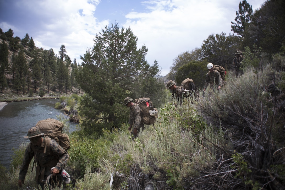 Marines with 2nd Battalion, 8th Marine Regiment, hike during Mountain Training Exercise 4-17 aboard Marine Corps Mountain Warfare Training Center, Bridgeport, Calif., August 2, 2017. Marines with 2/8, based out of Marine Corps Base Camp Lejeune, N.C., conducted the training in preparation for an upcoming deployment. (U.S. Marine Corps photo by Pfc. Margaret Gale)
