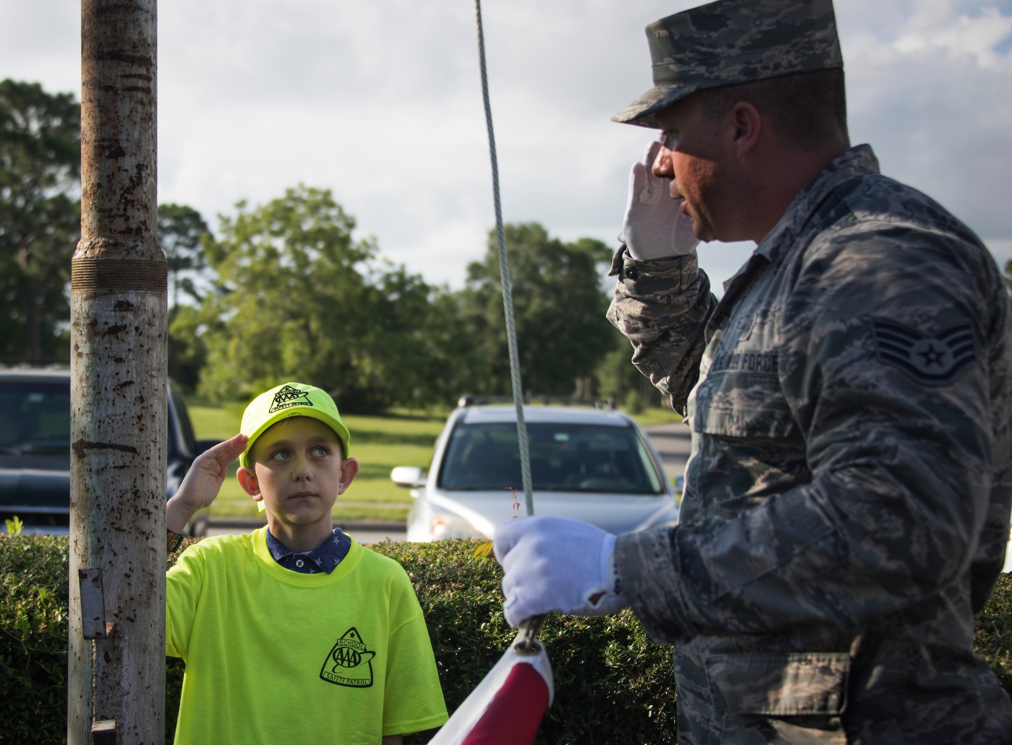 Honor Guard teaches Eglin Elementary School safety patrol flag detail.