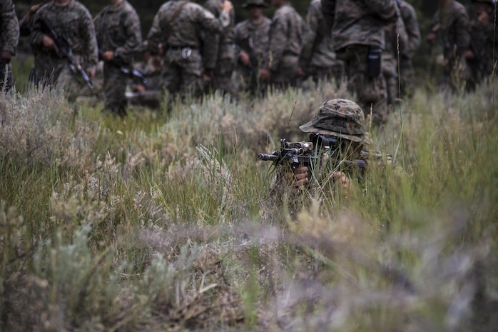 Lance Cpl. Aidan Blansfield, machine gunner, 2nd Battalion, 8th Marine Regiment, sets up security during Mountain Training Exercise 4-17 aboard Marine Corps Mountain Warfare Training Center, Bridgeport, Calif., August 2, 2017. Marines with 2/8, based out of Marine Corps Base Camp Lejeune, N.C., conducted the training in preparation for an upcoming deployment. (U.S. Marine Corps photo by Pfc. Margaret Gale)