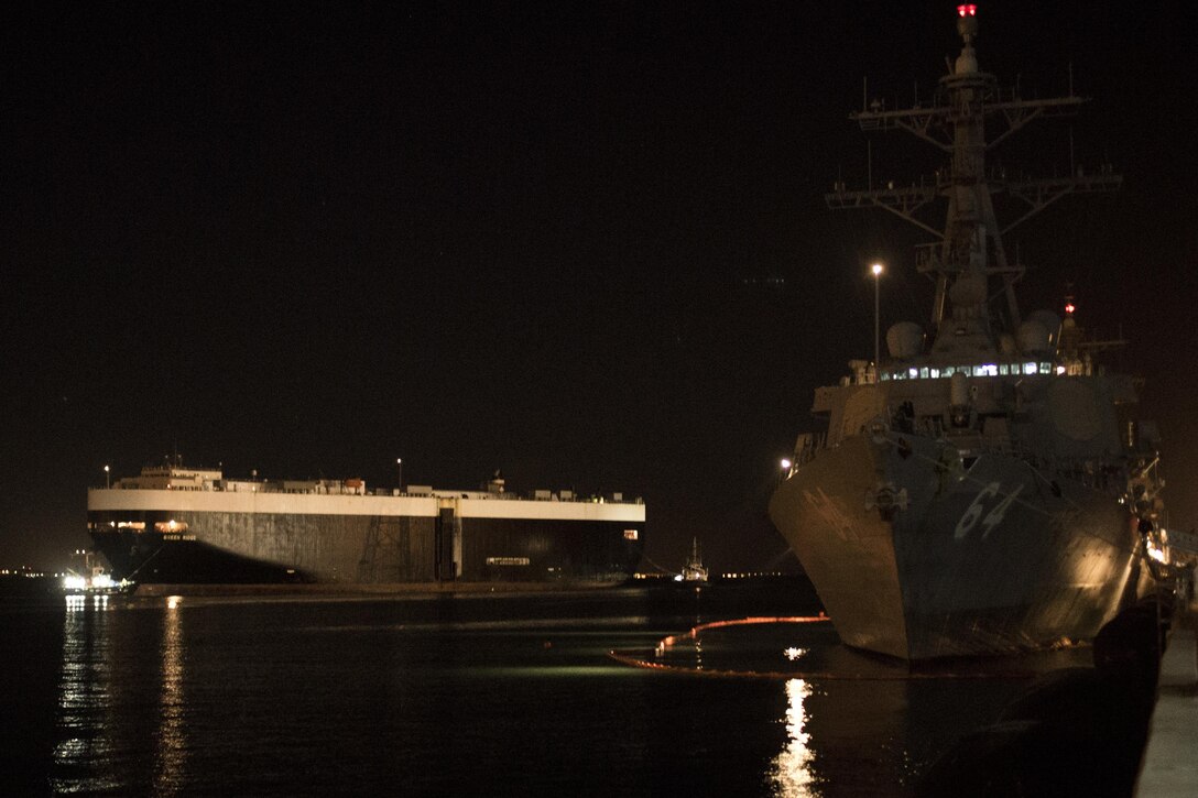 U.S. maritime vessel Green Ridge, left, arrives to load four MV-22B Osprey aircraft assigned to Special Purpose Marine Air-Ground Task Force-Crisis Response-Africa, for transport back to the United States at Naval Air Station Rota, Spain, Aug 9, 2017. SPMAGTF-CR-AF deployed to conduct limited crisis response and theater security operations in Europe and North Africa. (U.S. Marine Corps Photo by Cpl. Jodson B. Graves)
