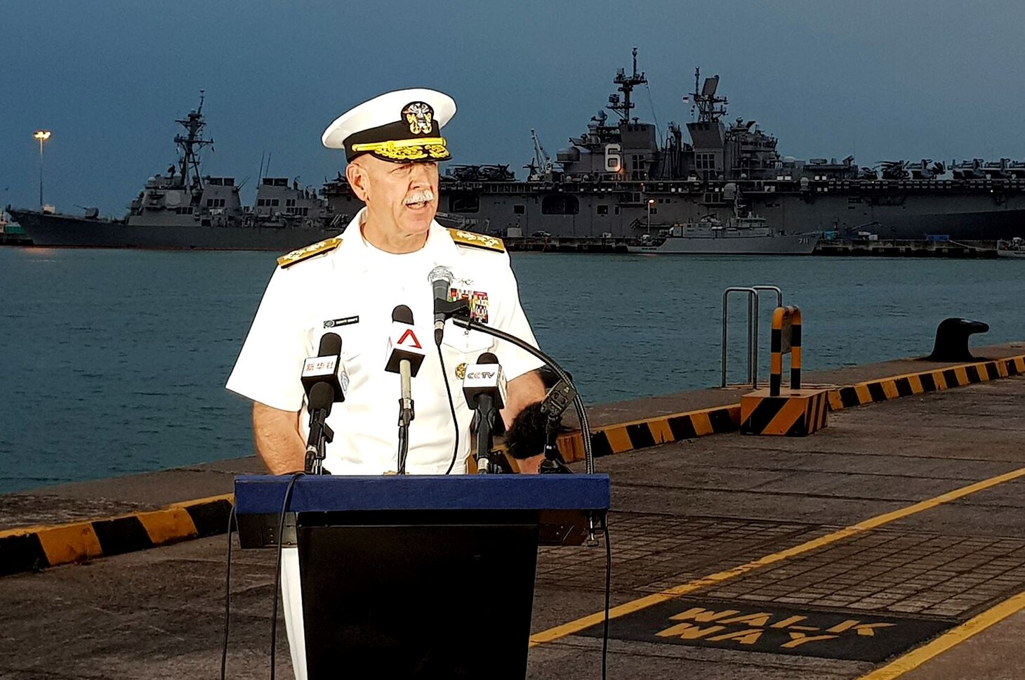 CHANGI NAVAL BASE, REPUBLIC OF SINGAPORE (Aug. 22, 2017) Pacific Fleet Commander Admiral Scott Swift updates reporters on the situation aboard USS John S. McCain (DDG 56).