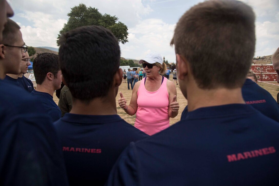 Gretchen Mack, mother of Chance Phelps, speaks to Marine Corps poolees from Recruiting Sub Station Casper During the Chance Challenge in Dubois, WY, Aug. 12, 2017. The Chance Phelps Foundation was founded Oct. 1, 2006 by Gretchen.