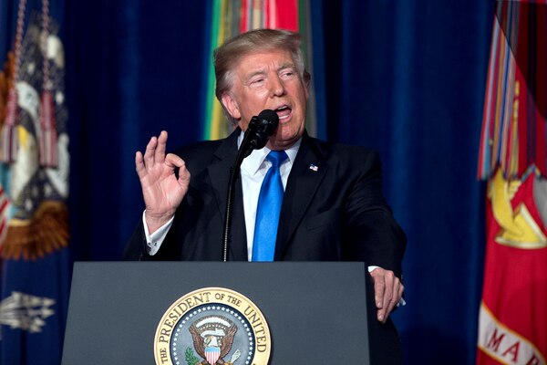President Donald J. Trump delivers remarks about a new strategy in Afghanistan and South Asia at Joint Base Myer-Henderson Hall, Va., Aug. 21, 2017. DoD photo by Army Sgt. Amber I. Smith