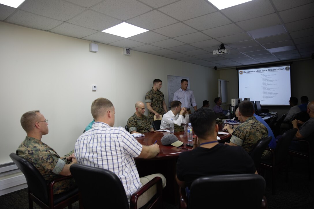 U.S. Marines and sailor with Black Sea Rotational Force 17.1 and Marine Rotational Force Europe 17.1 brief the regional security officer during an embassy reinforcement exercise in Chisinau, Moldova, July 15, 2017. Embassy reinforcement exercises improve emergency preparedness.  (U.S. Marine Corps photo by Sgt. Patricia A. Morris)