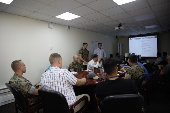 U.S. Marines and sailor with Black Sea Rotational Force 17.1 and Marine Rotational Force Europe 17.1 brief the regional security officer during an embassy reinforcement exercise in Chisinau, Moldova, July 15, 2017. Embassy reinforcement exercises improve emergency preparedness.  (U.S. Marine Corps photo by Sgt. Patricia A. Morris)