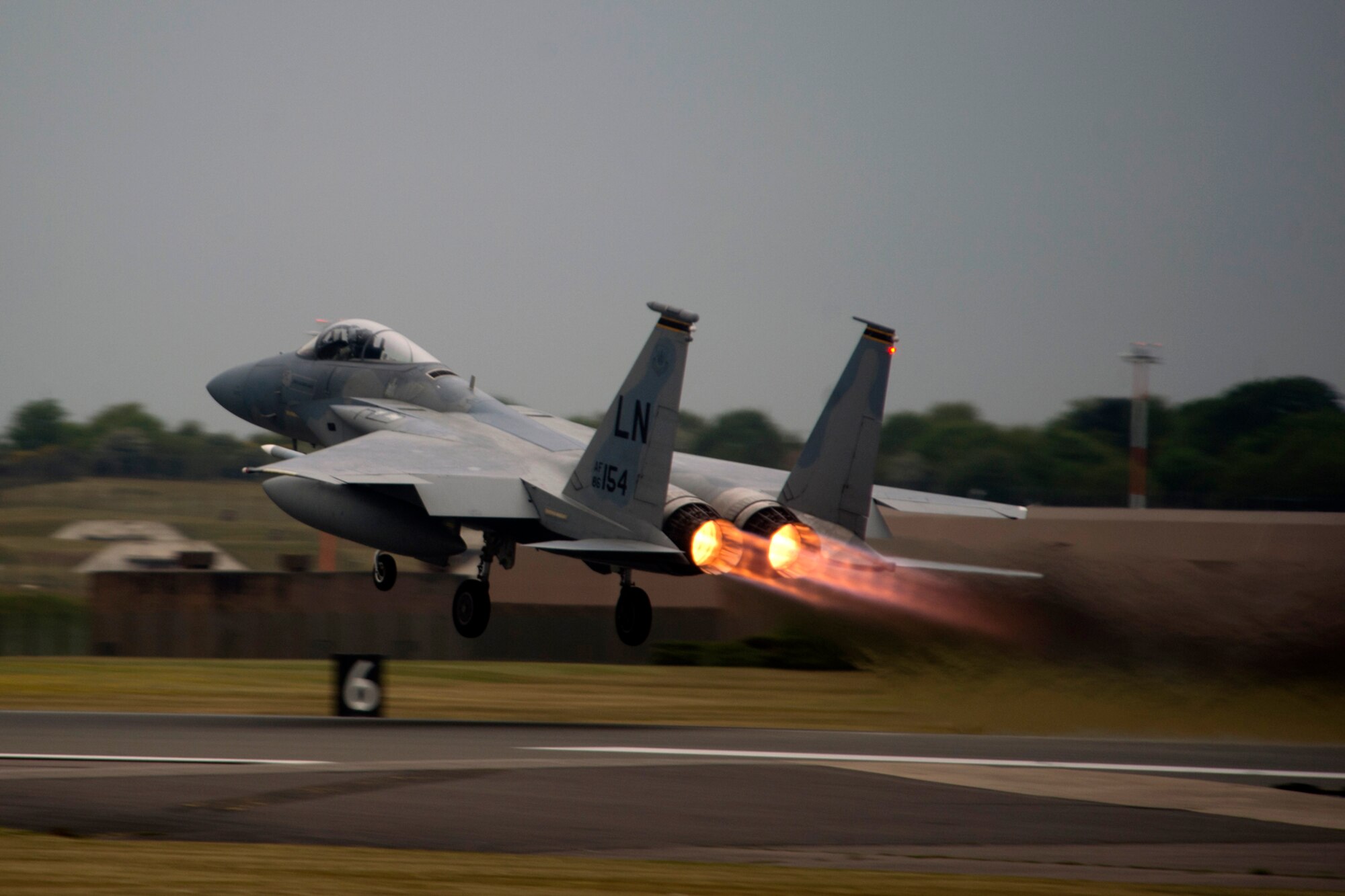 An F-15C Eagle assigned to the 493rd Fighter Squadron takes off at RAF Lakenheath, May 15, 2017. The U.S. is scheduled to deploy F-15C Eagles, Airmen and associated equipment from the 48th Fighter Wing to support the next NATO Baltic Air Policing rotation at Šiauliai Air Base, Lithuania. (U.S. Air Force photo/Master Sgt. Eric Burks)