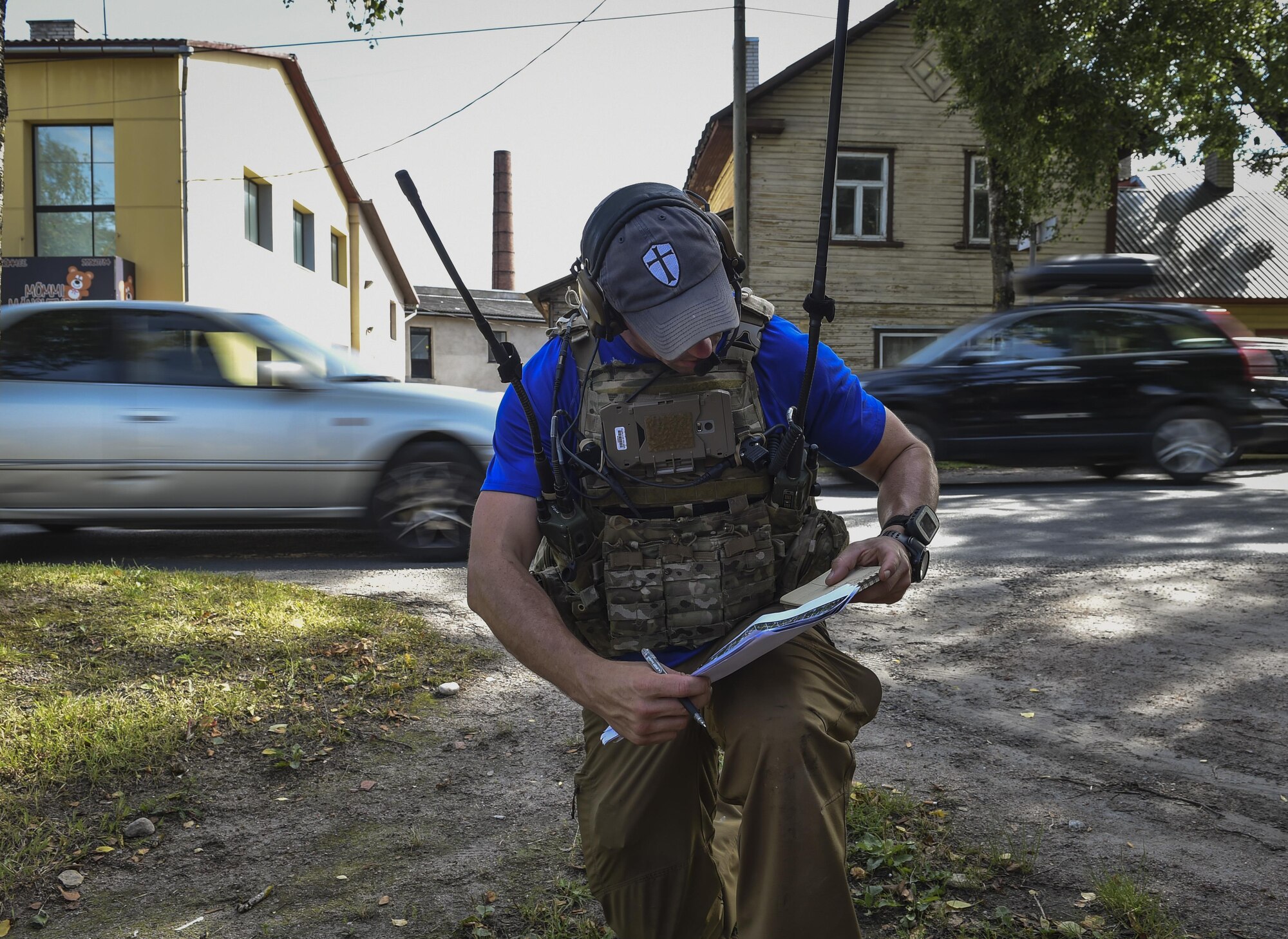 321st Special Tactics Squadron combat controllers simulating close air support missions in the town of Rakevere, Estonia, during a flying training deployment in support of Operation Atlantic Resolve.