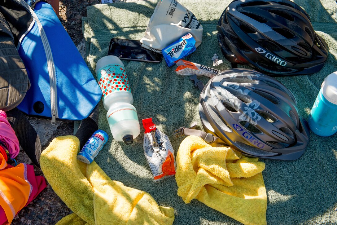 A bike station is seen during the Luke Triathlon held at Luke Air Force Base, Ariz., Aug. 19, 2017. Approximately 70 athletes participated in the event which included a 400 meter swim, 13 mile bike ride and 3.1 mile run to cross the finish line. (U.S. Air Force photo/Staff Sgt. Jensen Stidham)