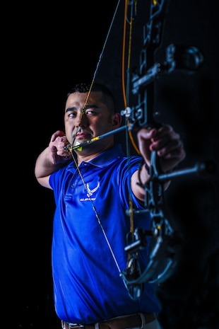 Maj. Scott King, 628th Aerospace Medicine Squadron bioenvironmental engineer flight commander, draws his bow for a portrait on Joint Base Charleston, S.C. Aug. 16, 2017. King took first in his division at the 2017 Archery Shooters Association competition in Cullman, Alabama, while on a permissive TDY granted by the Air Force Sports Office.