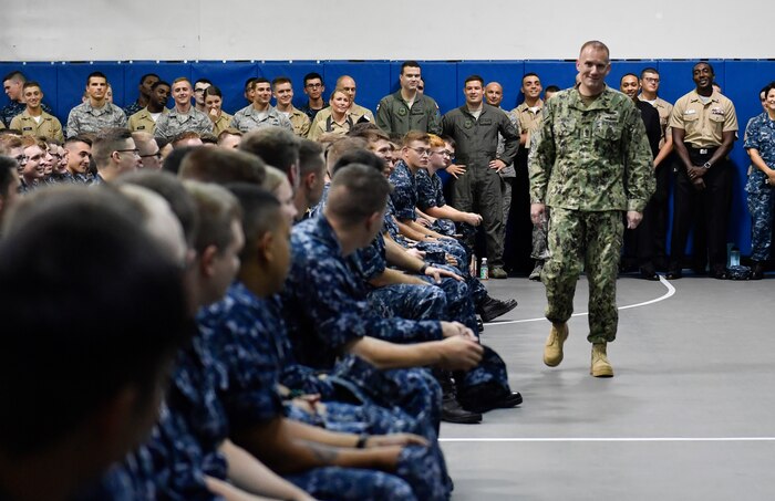 Master Chief Petty Officer of the Navy Steven S. Giordano speaks to service members at the Bowman Center on the Joint Base Charleston-Weapons Station, Aug. 16, 2017.