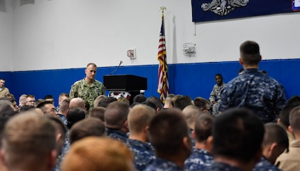 Master Chief Petty Officer of the Navy, Steven S. Giordano speaks to service members at the Bowman Center on the Joint Base Charleston-Weapons Station, Aug. 16, 2017.