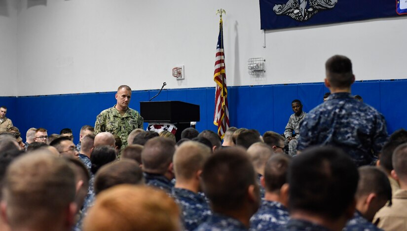 Master Chief Petty Officer of the Navy, Steven S. Giordano speaks to service members at the Bowman Center on the Joint Base Charleston-Weapons Station, Aug. 16, 2017.