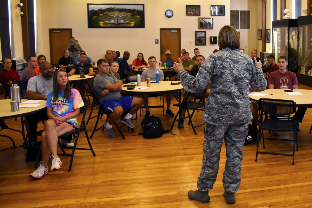 Col. Jennifer Short, 23d Wing Commander, speaks to Emerge Moody and Leadership Moody students, August 18, 2017, Moody Air Force Base, Ga. Emerge Moody and Leadership Moody is an opportunity for 20 Team Moody members to engage in a nine month curriculum where they will gain leadership and networking skills to disperse throughout their units. (U.S. Air Force Photo by Airman Eugene Oliver)