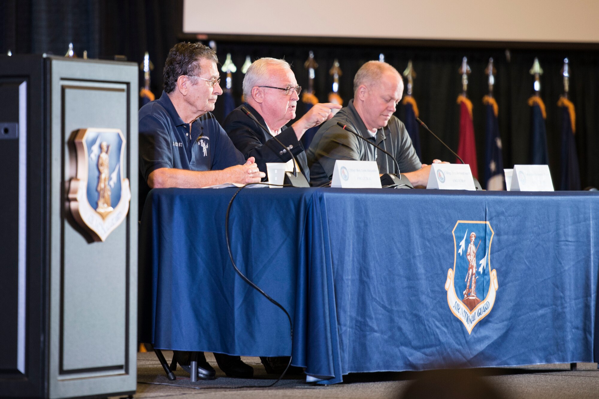 Three former Command Chiefs for the Air National Guard, retired Chief Master Sergeants Lynn Alexander, Richard Smith and Christopher Muncy, field questions from Airmen during the Enlisted Leadership Symposium at Camp Dawson, W.Va., Aug. 15-17. Nearly 350 Airmen representing Air National Guard units from each state, territory and the District of Columbia, attended the Enlisted Leadership Symposium, hosted by the Command Chief of the Air National Guard, Chief Master Ronald Anderson. The three-day event focused on leadership and professional development. Airmen, non-commissioned officers and senior non-commissioned officers were hand-selected by their units to attend the event. (U.S. Air National Guard photo/Senior Master Sgt. Emily Beightol-Deyerle)