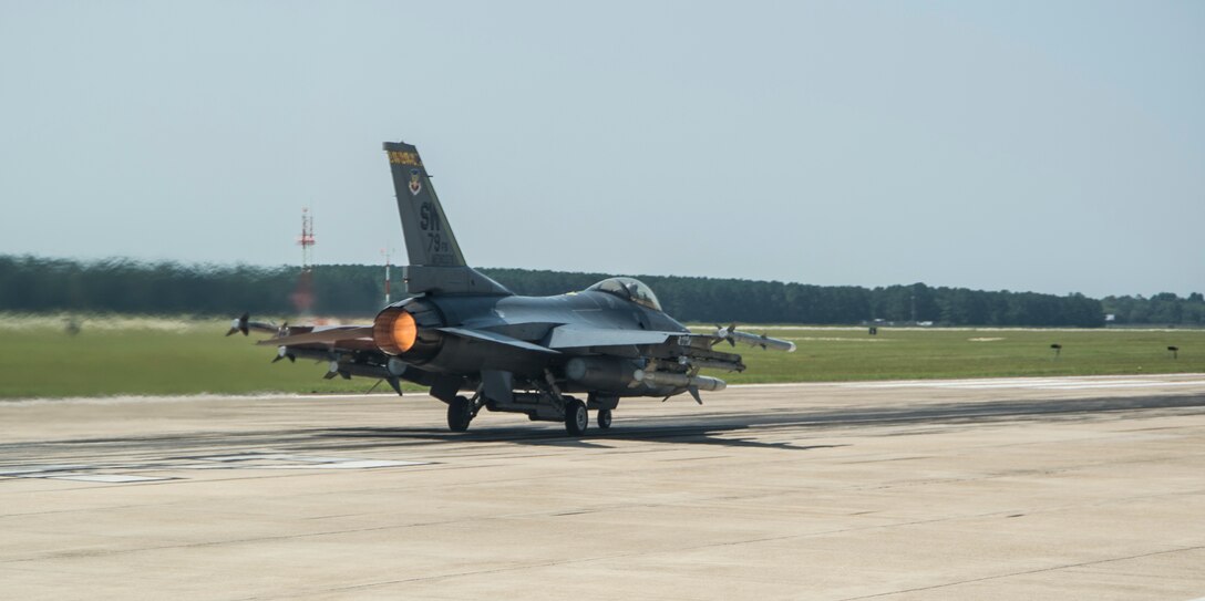 The flagship F-16CM Fighting Falcon from the 79th Fighter Squadron (FS) takes off at Shaw Air Force Base (AFB,) S.C., July 21, 2017. The 79th FS, which initially moved to Shaw AFB in October 1946, will celebrate its 100th anniversary in Feburary 2018. (U.S. Air Force photo by Tech. Sgt. Gregory Brook)