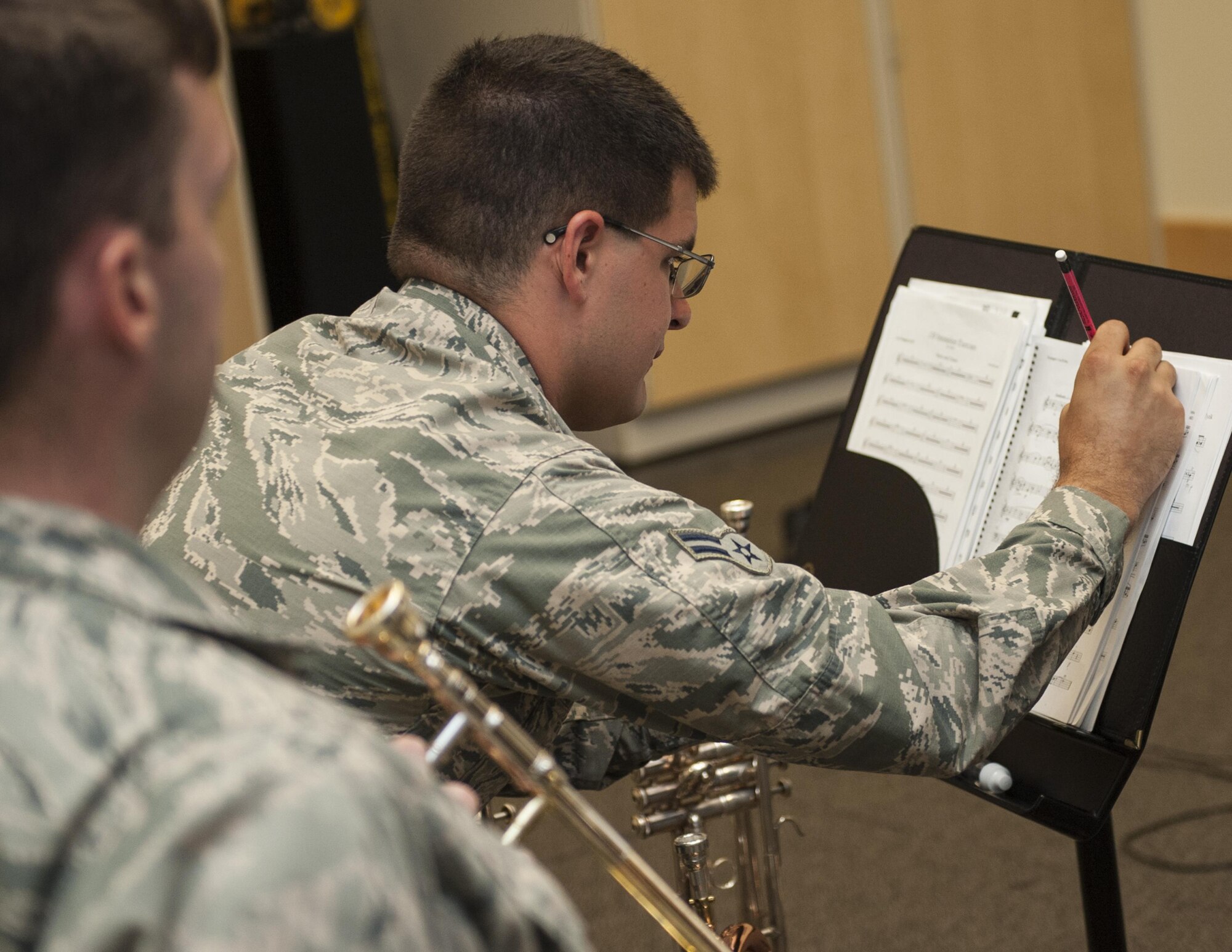 U. S. Air Force Airman First Class Alan Matteri, a trumpet player for the United States Air Force Band of the Golden West,
