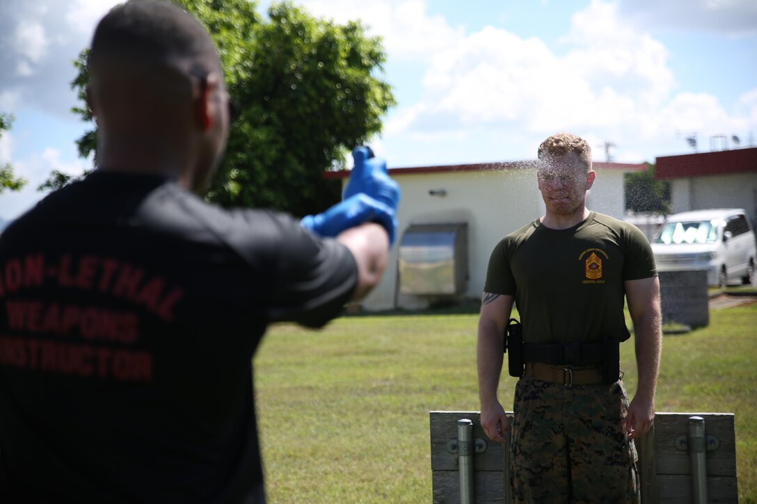 Staff Sgt. Leo Briggs, the staff non-commissioned officer in charge of Camp Hansen Camp Guard, sprays oleoresin capsicum on Sgt. Christopher Benoit, a field artillery sensor support Marine with Headquarters Battery, Target Acquisition Platoon, 12th Marines, during non-lethal weapons training August 16, 2017. Briggs, a non-lethal weapons instructor, conducted non-lethal weapons and restraint technique training with members of the Camp Guard on Camp Hansen, Okinawa, Japan, where they provide support to the base Provost Marshall Office and Marine Corps Police Department. (U.S. Marine Corps photo by Sgt. Tiffany Edwards)
