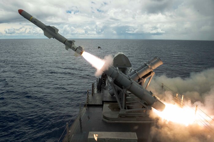 PHILIPPINE SEA (Aug. 22, 2017) A harpoon missile launches from the missile deck of the littoral combat ship USS Coronado (LCS 4) off the coast of Guam. Coronado is on a rotational deployment in U.S. 7th Fleet area of responsibility, patrolling the region's littorals and working hull-to-hull with partner navies to provide U.S. 7th Fleet with the flexible capabilities it needs now and in the future. (U.S. Navy photo by Mass Communication Specialist 2nd Class Kaleb R. Staples/Released)