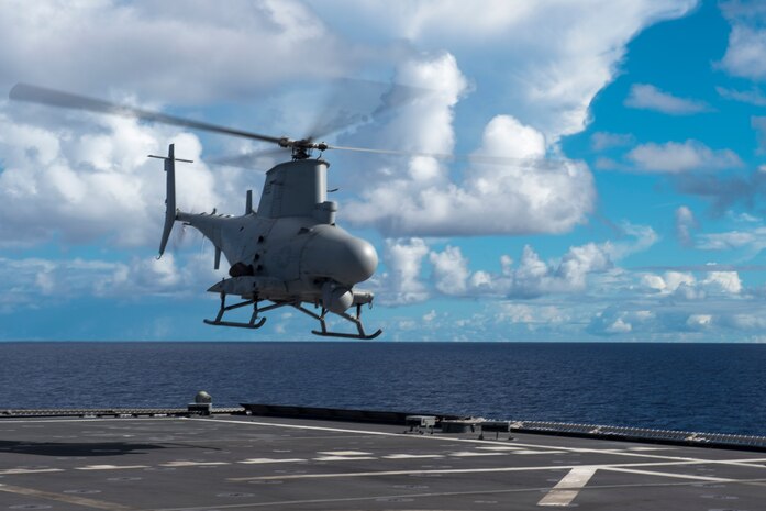 PHILIPPINE SEA (Aug. 22, 2017) A Firescout unmanned aerial vehicle takes off from the flight deck of the littoral combat ship USS Coronado (LCS 4) off the coast of Guam. Coronado is on a rotational deployment in U.S. 7th Fleet area of responsibility, patrolling the region's littorals and working hull-to-hull with partner navies to provide U.S. 7th Fleet with the flexible capabilities it needs now and in the future.  (U.S. Navy photo by Mass Communication Specialist 2nd Class Kaleb R. Staples/Released)