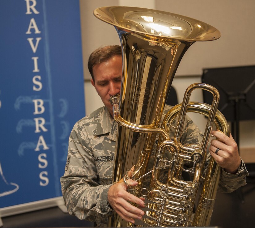 U. S. Air Force Airman 1st Class Lee Jarzembak, a tuba player for the United States Air Force Band of the Golden West,