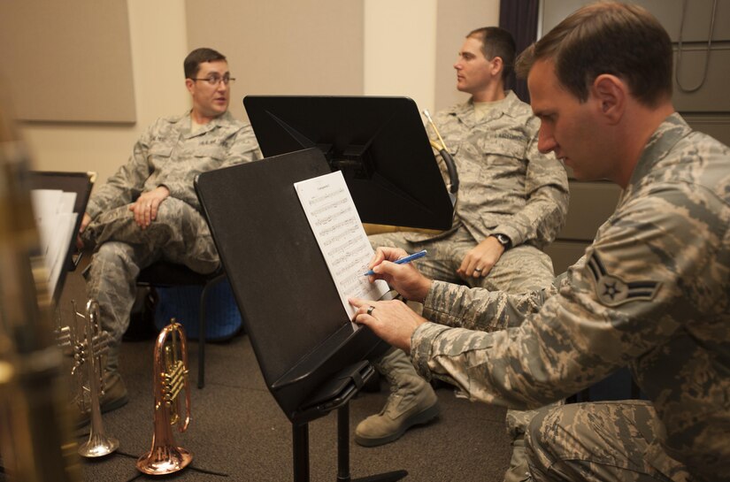 U. S. Air Force Airman 1st Class Lee Jarzembak, a tuba player for the United States Air Force Band of the Golden West