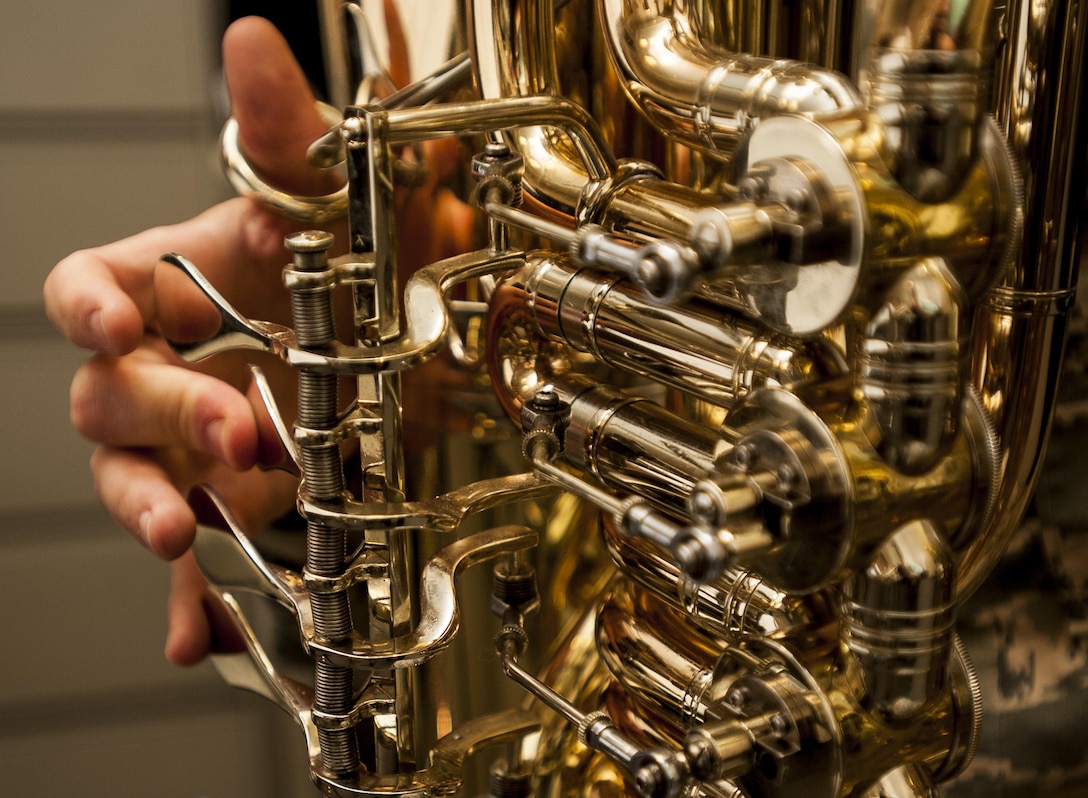 U. S. Air Force Airman 1st Class Lee Jarzembak, a tuba player for the United States Air Force Band of the Golden West,