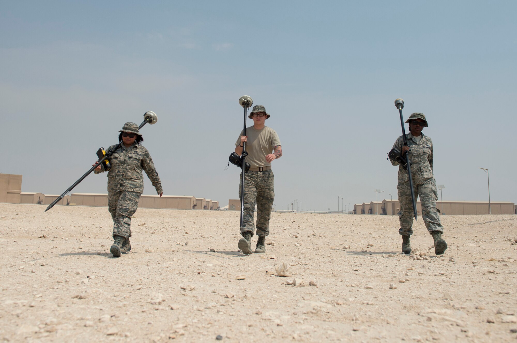 U.S Air Force Airmen from the GeoBase Shop with the 379th Expeditionary Civil Engineer Squadron, completed their surveys for new construction projects at Al Udeid Air Base, Qatar, Aug. 2, 2017.