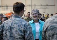 Secretary of the Air Force Heather Wilson speaks with an Airman during a visit to Al Udeid Air Base, Qatar, Aug. 15, 2017. While visiting Airmen, Wilson was asked about the future of the Air Force and said, “We are too small for what the nation is expecting of us.” (U.S. Air Force photo by Tech. Sgt. Bradly A. Schneider